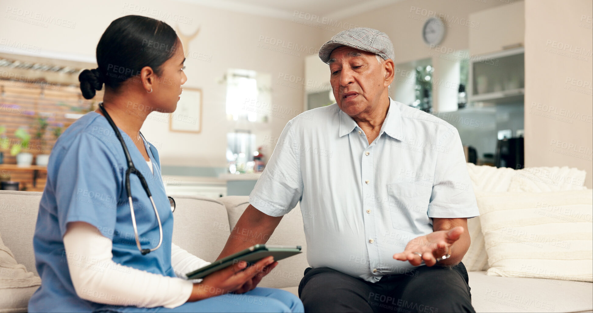 Buy stock photo Elderly care, doctor and retired man on sofa for discussion, routine check up or diagnosis in living room. Female carer, senior patient and consultation on couch for healthcare, wellbeing or medicare