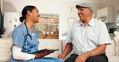 Buy stock photo Elderly care, doctor and happy man on sofa for diagnosis, laughing and funny story in living room. Female carer, senior patient and smile on couch for healthcare, positive results and support