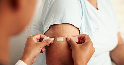 Buy stock photo Hands, band aid and people with healthcare, plaster and vaccine with medical treatment, flu shot and coronavirus immunity. Closeup, professional and patient with medicare and consultation injection