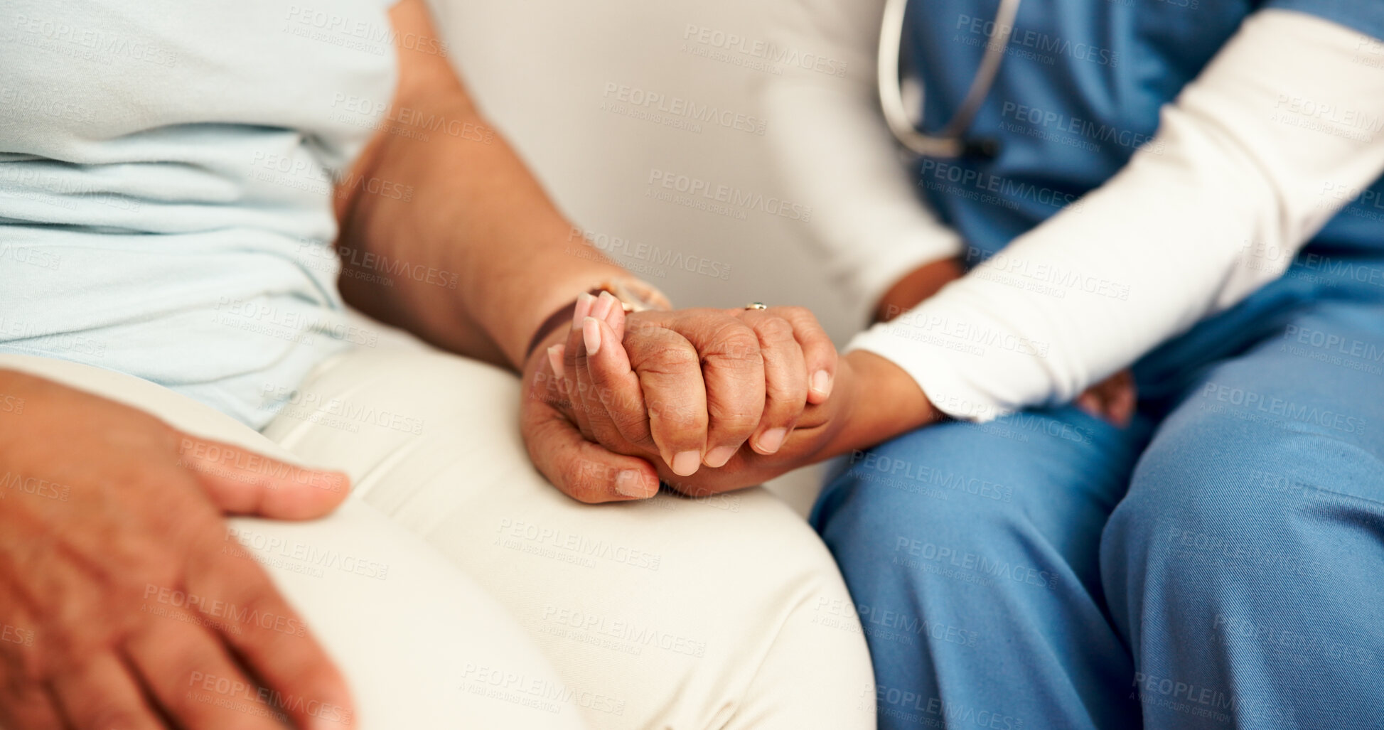 Buy stock photo Hand holding, medic and senior patient in nursing home for examination, wellness or elderly care. Woman, mature person and comfort with nurse, staff and support in lounge for appointment or check up