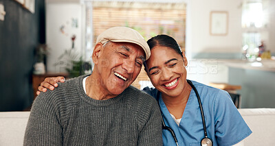 Buy stock photo Hug, nurse and senior man with stethoscope in retirement home for results, wellness and elderly care. Woman, male person and embrace as medic, staff and support in lounge for appointment or check up