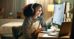 Education, woman and headphones at night with smile, research or reading at computer. Female student, online business lecture and studying in home for knowledge, elearning and productivity in evening