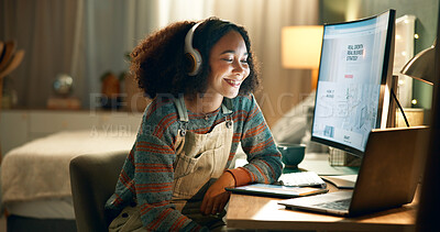 Buy stock photo Education, woman and headphones at night with smile, research or reading at computer. Female student, online business lecture and studying in home for knowledge, elearning and productivity in evening