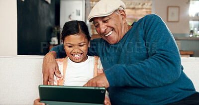 Buy stock photo Tablet, grandfather and happy child laugh in home on sofa for meme, comedy or joke. Funny kid, grandpa and technology for streaming movie together, show or girl watch video in living room to relax