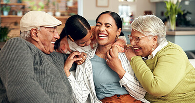 Buy stock photo Happy family, hug and laugh on sofa for reunion, trust or support at home on weekend. Grandparents, love or woman with kid for bonding, excited or funny story telling from past memories or connection