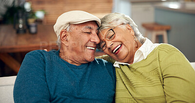 Buy stock photo Happy, elderly couple and hug with love on sofa for bonding, support and embrace for relationship memory. Smile, woman and man with trust, care and relax together on couch of retirement peace at home