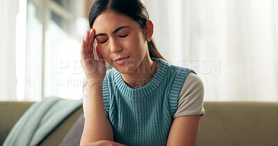 Buy stock photo Woman, home and sofa with headache or stress in living room with migraine pain and eyes closed. Female person, couch and burnout or worried with crisis, problems and sad with mental health issue