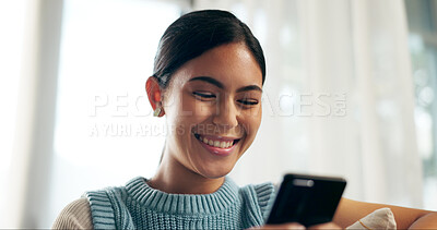 Buy stock photo Girl, mobile and excited in home lounge for notification, achievement and news by email with smile. Female person, smartphone and happy in living room for reward, discount and invite to social event