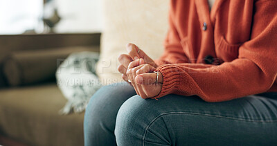 Buy stock photo Closeup hands, anxiety and woman on sofa for mental health, depression or counselling session in clinic. Person, fingers and fear for ptsd with trauma therapy, stress and frustrated for addiction