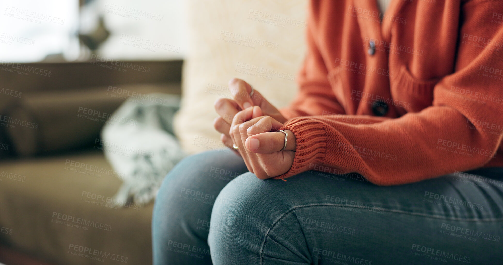 Buy stock photo Closeup hands, anxiety and woman on sofa for mental health, depression or counselling session in clinic. Person, fingers and fear for ptsd with trauma therapy, stress and frustrated for addiction