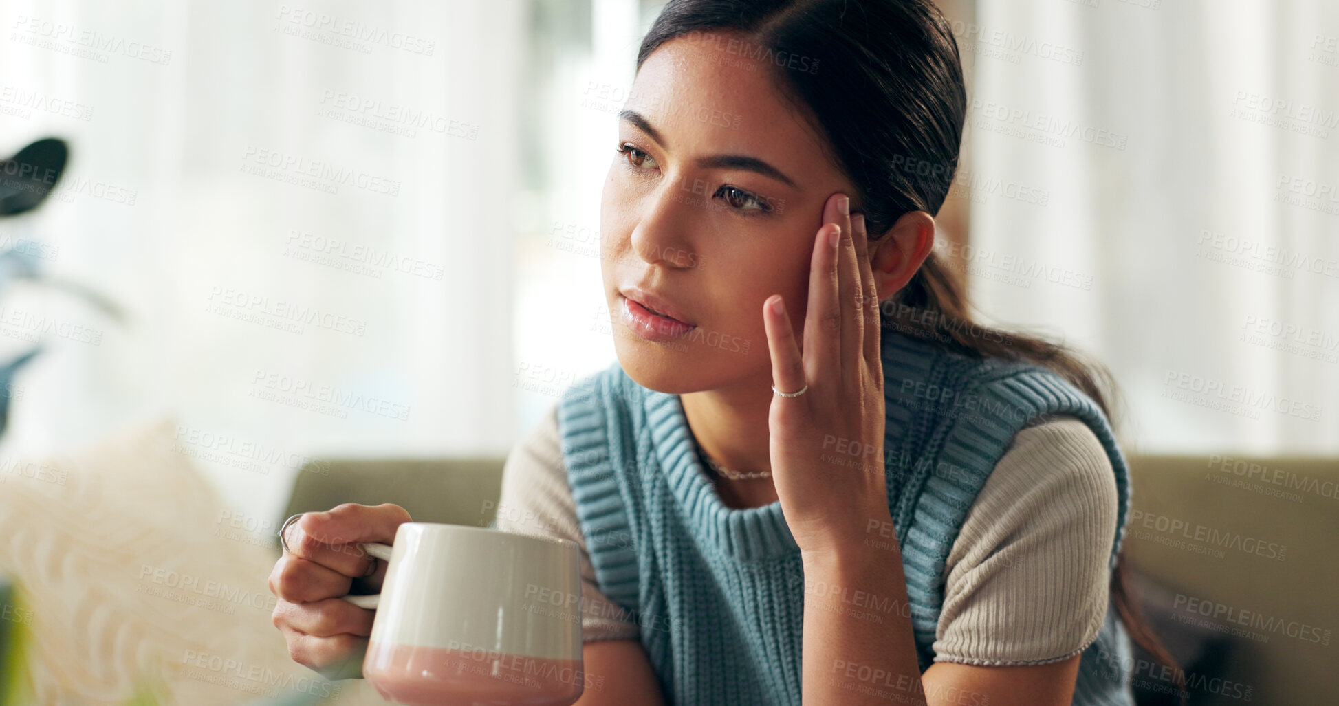 Buy stock photo Woman, coffee and thinking in lounge with headache, home and living room with cup for caffeine. Beverage, eye strain and pain from pressure in head, student or stress for exams and burnout from study