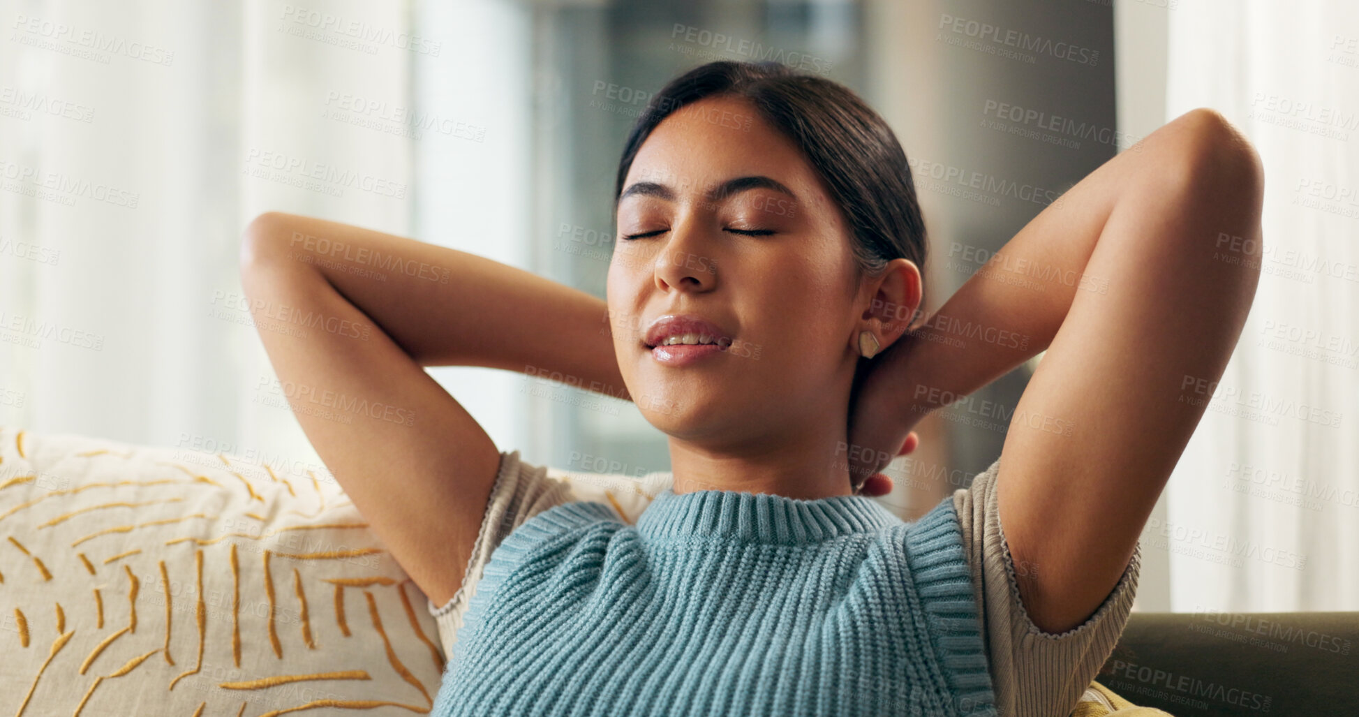 Buy stock photo Woman, relax and comfort on couch for morning in home with calm and zen on weekend. Female person, stretching and rest on sofa in living room for wellness, self care and happy in apartment or house