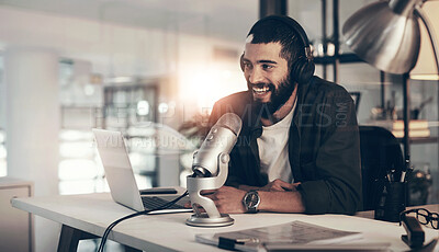 Buy stock photo Radio host, headphones and man with laptop, microphone and online talk show with communication in lounge. Person, content creation or guy with pc, podcaster and live stream with equipment and home