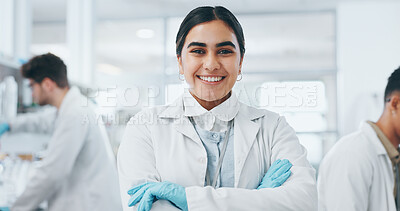 Buy stock photo Portrait, scientist and happy woman in lab with arms crossed for research, career and job as biochemist. Confidence, science and face of medical doctor in pharma for study, healthcare and innovation