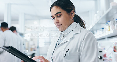 Buy stock photo Laboratory, female scientist and tablet for research, medical diagnosis and results with tech. Woman biologist, connection and online info for reading, analysis and digital review for problem solving