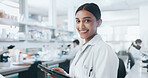 Portrait, science and happy woman in lab with tablet for research, career and job as biologist. Digital technology, scientist and face of medical doctor for pharma study, healthcare or innovation