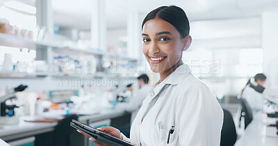 Buy stock photo Portrait, science and happy woman in lab with tablet for research, career and job as biologist. Digital technology, scientist and face of medical doctor for pharma study, healthcare or innovation