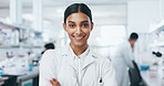 Portrait, scientist and confidence of happy woman in lab for research, career and job as biologist. Smile, science and face of medical doctor in clinic for pharma study, healthcare and innovation