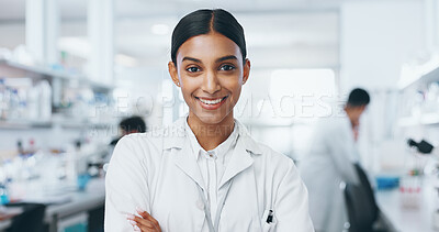 Buy stock photo Portrait, scientist and confidence of happy woman in lab for research, career and job as biologist. Smile, science and face of medical doctor in clinic for pharma study, healthcare and innovation