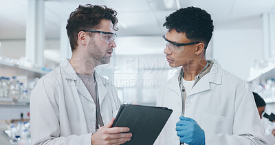 Buy stock photo Tablet, men and scientists in laboratory with research for pharmaceutical innovation experiment. Data, discussion and male medical science students on digital technology for biology information.