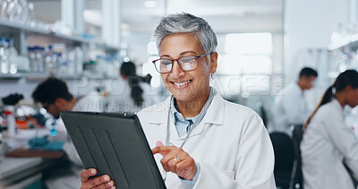 Buy stock photo Science, smile and tablet with woman in laboratory for discovery, innovation or pharmaceutical research. Breakthrough, investigation and medicine with mature scientist reading info for development