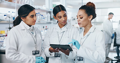 Buy stock photo Healthcare, science and women with tablet, research and teamwork for sample testing, dna analysis and cure. People, scientist and group with biotech, internet and cooperation with experiment results