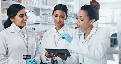 Buy stock photo Medical, science and women with tablet, research and teamwork for sample testing, dna analysis and app. People, scientist and group with biotech, internet and collaboration with breakthrough for cure