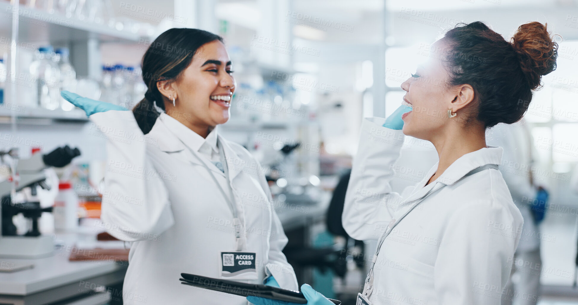 Buy stock photo Women, scientist and happy in lab with high five on internship program with teamwork and collaboration. People, smile and excited with victory on medical or science research on drug trial success