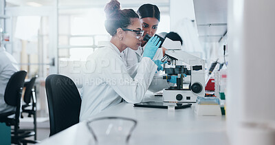 Buy stock photo Scientist, microscope and woman for research, analysis  and samples for medical testing. Biotechnology, life expansion drug study in laboratory, innovation and dna specialist people for science