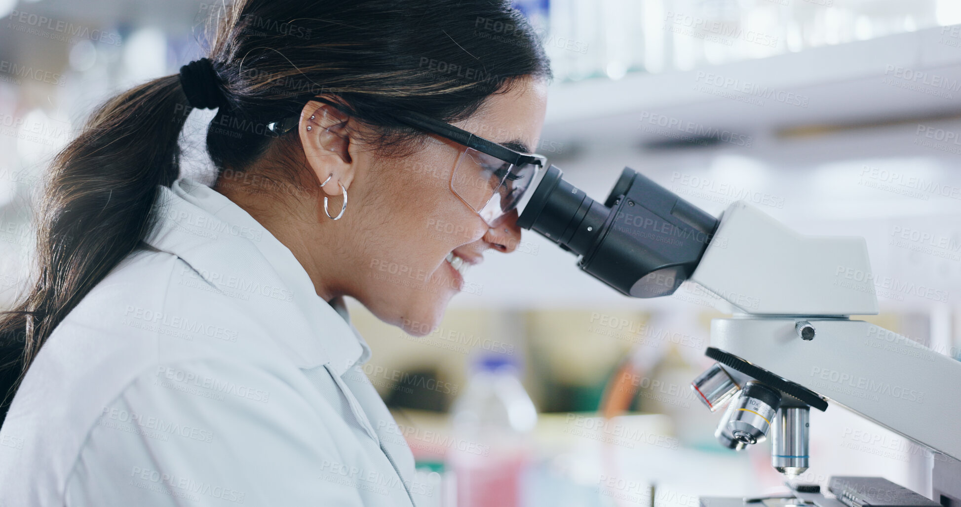 Buy stock photo Medical, research and woman with microscope, biotech and check experiment for cancer treatment. Person, science and employee in lab, vaccine and sample for forensic particles, bacteria and DNA study