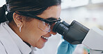 Medical, research and woman with microscope, biotech and check experiment for particles, dna and virus cure. Person, smile or scientist with lab equipment, testing or studying sample for breakthrough