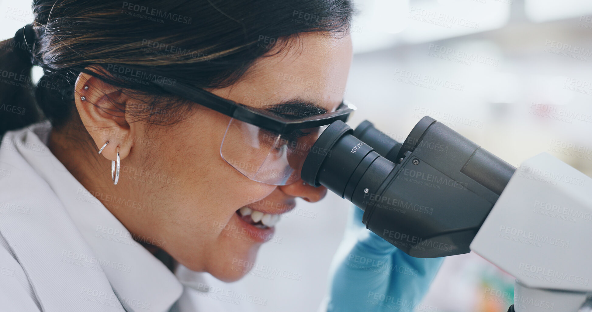 Buy stock photo Medical, research and woman with microscope, biotech and check experiment for particles, dna and virus cure. Person, smile or scientist with lab equipment, testing or studying sample for breakthrough