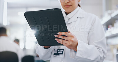 Buy stock photo Woman, scientist and lab with tablet for medical research with test report, review and results. Female person, healthcare and science study or investigation and experiment with online information