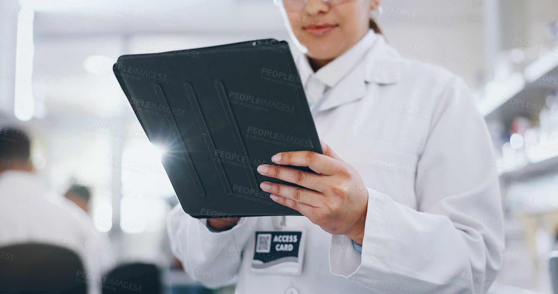 Buy stock photo Woman, scientist and lab with tablet for medical research with test report, review and results. Female person, healthcare and science study or investigation and experiment with online information