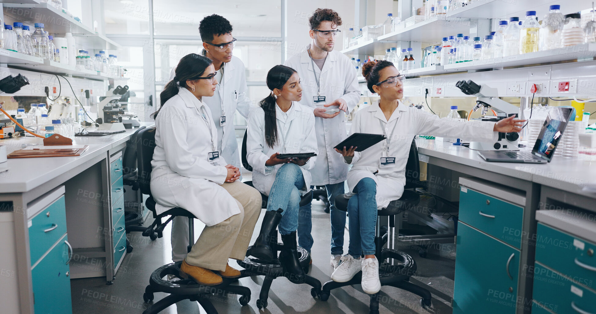 Buy stock photo Laptop, science and group of people in laboratory for learning, cancer cure or medical development. Training, investigation and research with scientist team in clinical trial for medicine internship