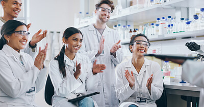 Buy stock photo People, science and lab research or clapping, pharmaceutical study with interns happy for presentation. Medical school, chemistry and innovation, mentor speech and smile for support together