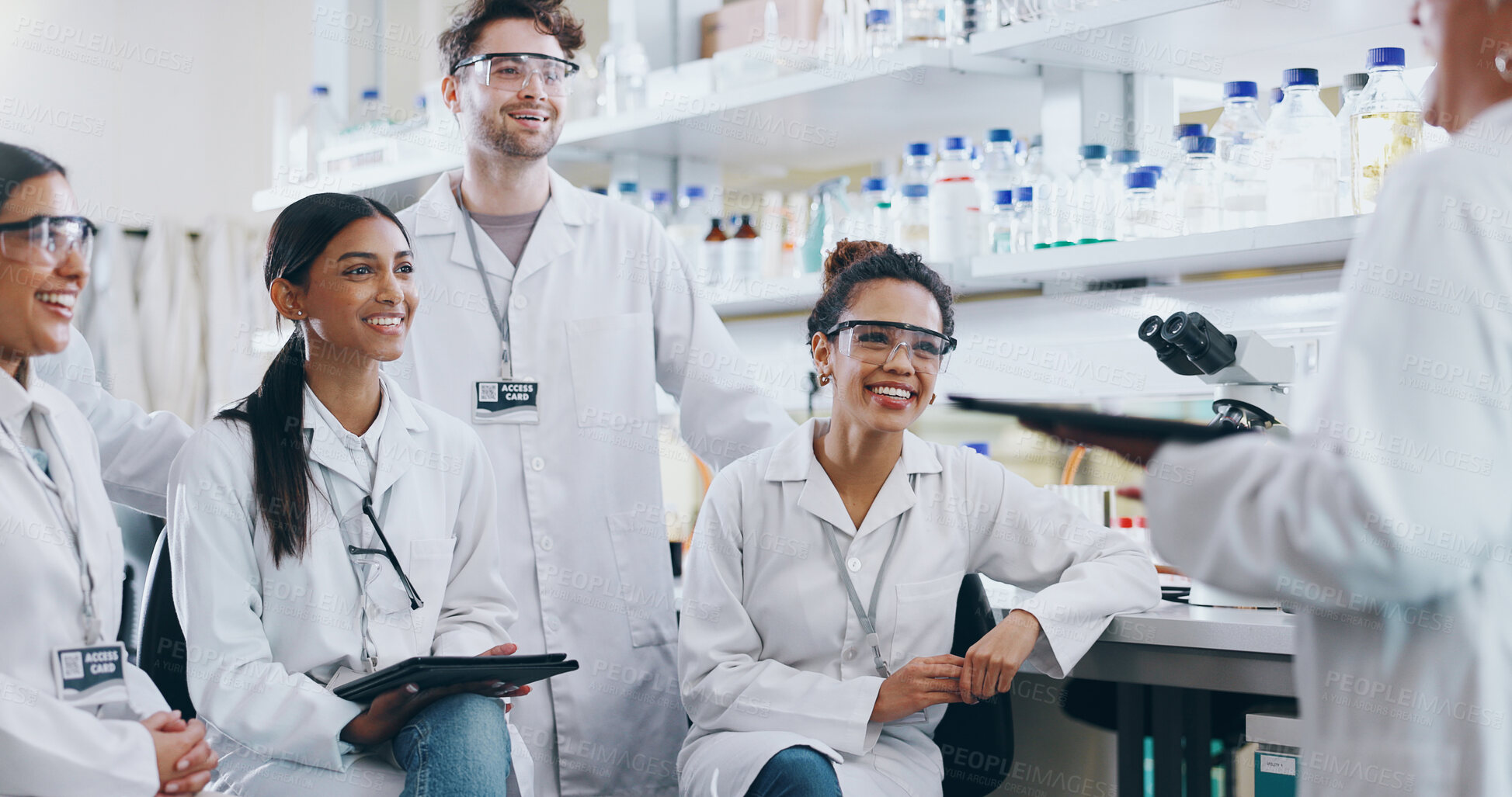 Buy stock photo Teaching, science and group of people in laboratory for breakthrough, cure or medical development. Training, investigation and research with scientist team in clinical trial for medicine internship