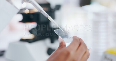 Buy stock photo Petri dish, pipette and hand of scientist in laboratory for pharmaceutical research or experiment. Science, study and closeup of biologist with glass slab and dropper for medical innovation discovery