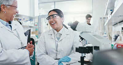 Women, laboratory and happy for science talk with technology for research, teamwork or support for pharma. Female leader, scientist or collaboration with mentor for medical innovation or breakthrough