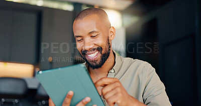 Buy stock photo Black man, tablet and reading online smile, internet and digital conversation for planning. Thinking, touchscreen and entrepreneur for good news email, male person and startup technology business