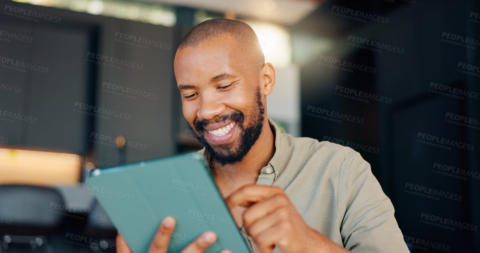 Buy stock photo Black man, tablet and reading online smile, internet and digital conversation for planning. Thinking, touchscreen and entrepreneur for good news email, male person and startup technology business