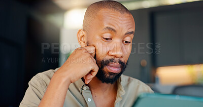 Buy stock photo Black man, thinking and reading for research, laptop and email for digital conversation or planning. Computer, entrepreneur and information, internet and male person for startup business in office