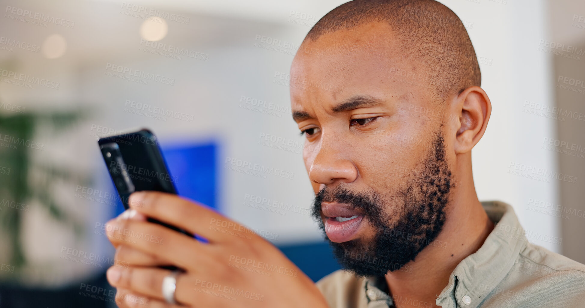 Buy stock photo Cellphone, reading and black man for online and shocked, news and current affairs for website report. Technology, mobile app and connected for male person, social media and article on war and crisis