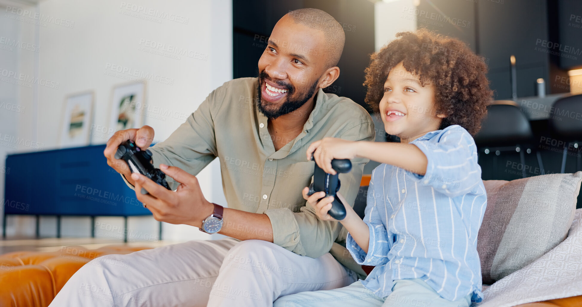 Buy stock photo Happy father, boy and video games with controller, living room and home for bonding on weekend. Technology, esports and console for online leisure, holiday and male person for fun activity with child