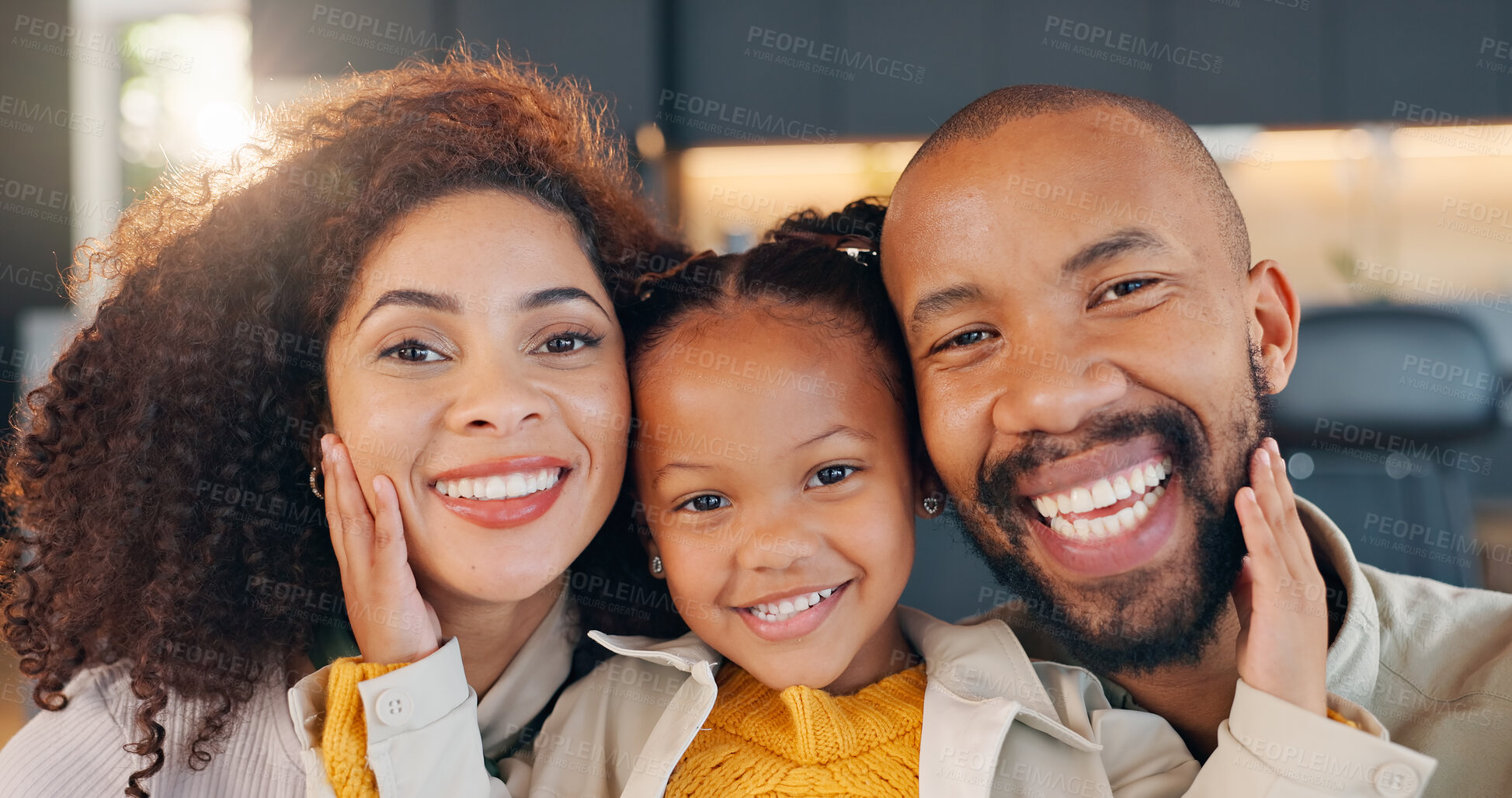 Buy stock photo Portrait, parents and girl with smile, hug and unity for trust in family and love in home. Hands, child and bonding in living room together for care and support, married people and daughter face