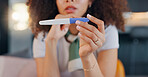 Stress, anxiety and girl in home for pregnancy test, family planning or infertility health risk in birth control. Legal rights, healthcare and pregnant woman with negative results, choice or decision