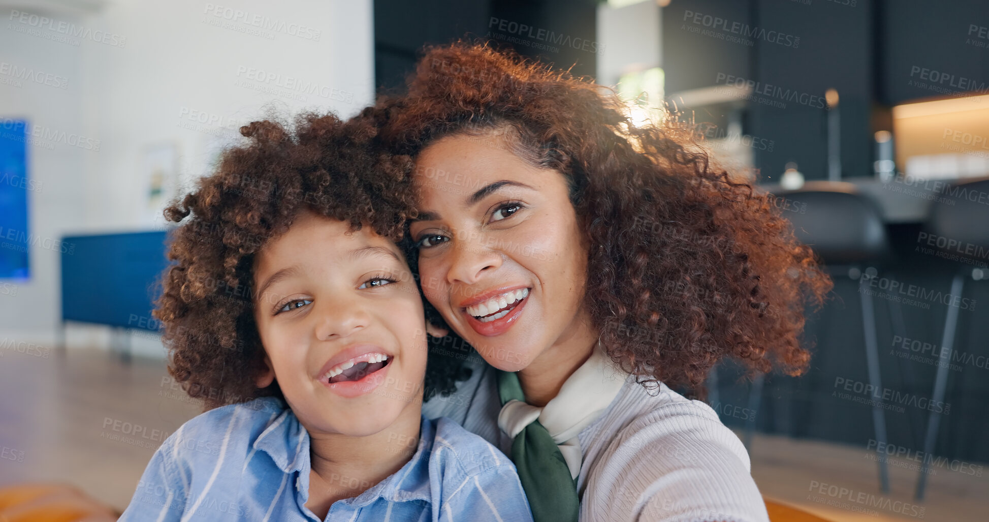 Buy stock photo African mother, selfie and portrait of kid laughing in home for happy memory, love or family bonding. Face, smile and profile picture of mom with boy or funny child in kitchen for photograph together