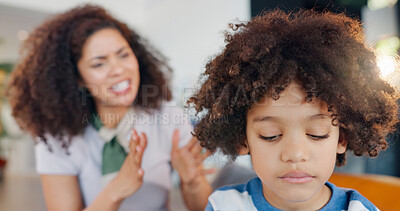 Buy stock photo Discipline, angry and mom scolding child for behavior problem, naughty attitude and punishment on home sofa. Frustrated mama, stubborn kid and fight with lecture, learn manners and conflict drama