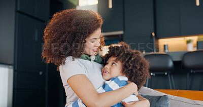 Buy stock photo Mother, boy child and hugging in home with love for bonding, affection or comfort in living room. Family, woman and son with embrace or smile for motherhood, security and parenting in lounge of house