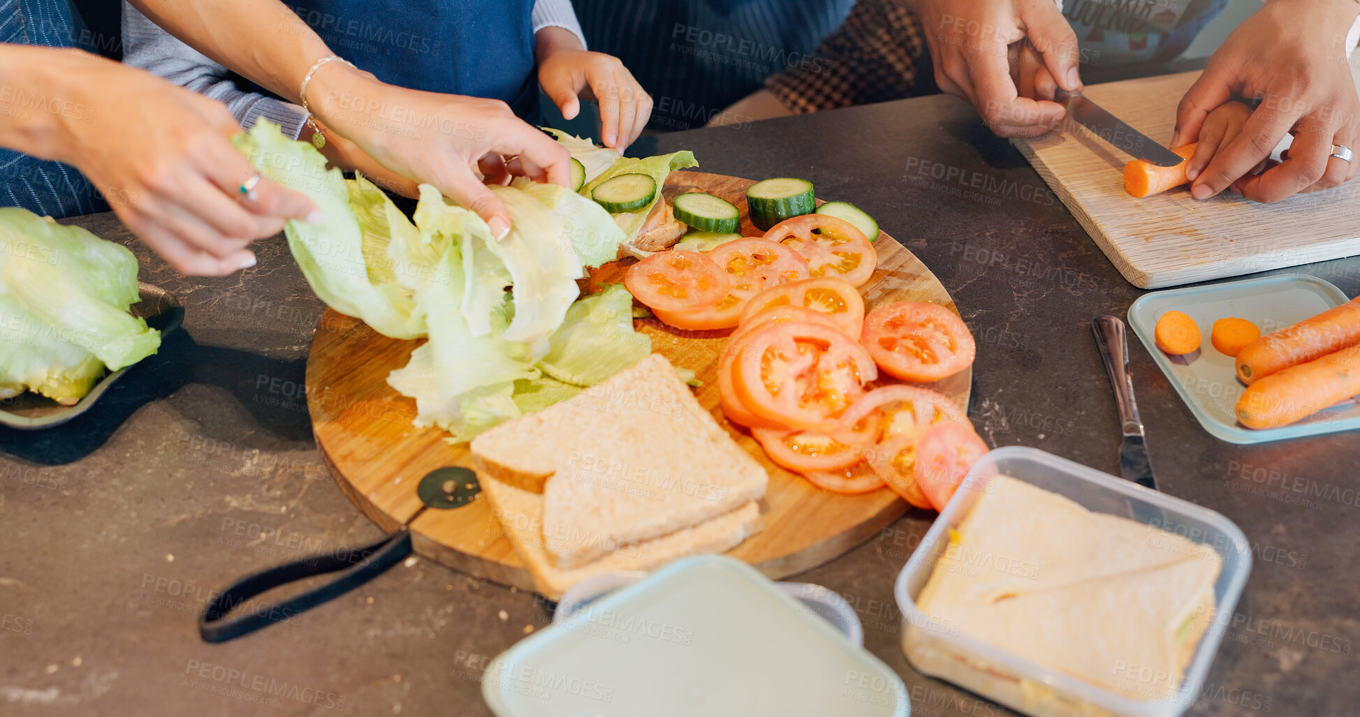 Buy stock photo Sandwich, hands or prepare meal with family for development, learning or nutrition at home. Kids, parents or help with knife for education, lunch or growth with whole wheat bread for healthy option